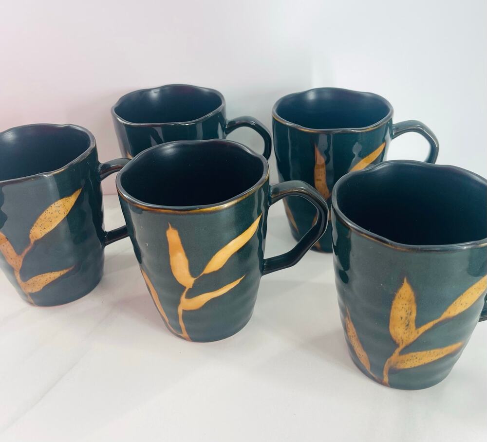 Pier 1 Dakara Coffee Mugs Forrest Green Yellow Leaves - Set of 5 discontinued